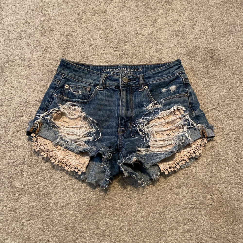 American Eagle Outfitters Distressed Dark Blue Denim Shorts with Cream Lace Trim